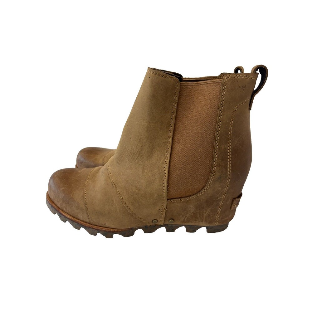 Sorel Lea Hidden Wedge Boots Brown Leather Womens Sz 8.5 Chelsea Ankle Slip On